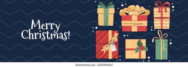 Christmas horizontal banner with gift boxes on a blue background in a flat cartoon style. Vector illustration for poster, banner, invitation, etc.