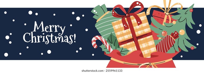 Christmas horizontal banner with gifts in a flat cartoon style. Vector illustration for poster, banner, invitation, etc