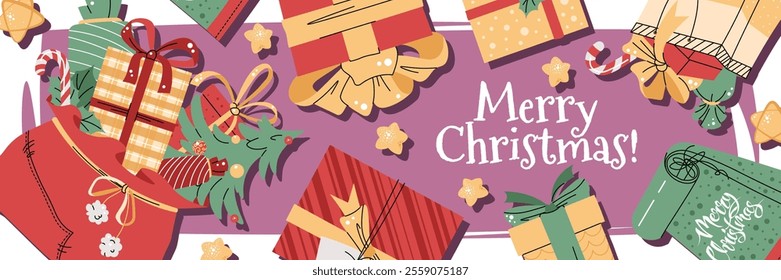 Christmas horizontal banner with gifts on a pink background in a flat cartoon style. Vector illustration for poster, banner, invitation, etc