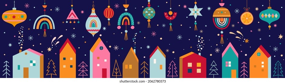 Christmas horizontal banner with hand drawn christmas toys and houses, trees under the snow in Scandinavian style. Xmas cozy decor elements. Template for invitation,design,print.Vector illustration.