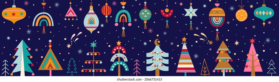 Christmas horizontal banner with hand drawn christmas trees under snow and christmas balls in Scandinavian style. Xmas cozy decor elements. Template for invitation,design,print.Vector illustration.