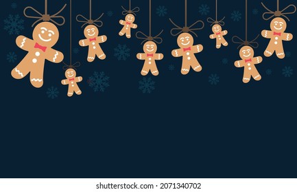 Christmas horizontal banner hanging homemade gingerbread cookies on a background. homemade cookies, gingerbread man. New year concept
Vector, banner.