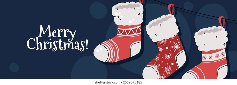 Christmas horizontal banner with hanging Christmas stockings in flat cartoon style. Vector illustration for poster, banner, invitation etc.