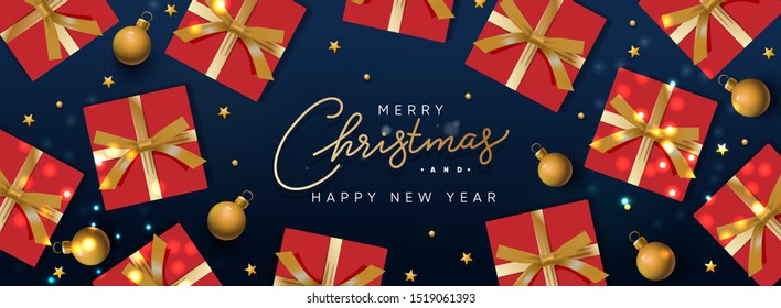 Christmas horizontal banner, header for website. Holiday background, design with realistic gift boxes, bauble, and golden ball. New Year's gifts top view.