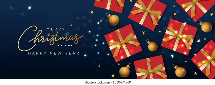 Christmas horizontal banner, header for website. Holiday background, design with realistic gift boxes, bauble, and golden ball. New Year's gifts top view.