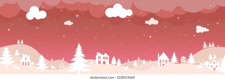 Christmas horizontal banner. Illustration Winter landscape with deer and fir trees in the snow, village in the night sky with stars, and snowfall. Red background.