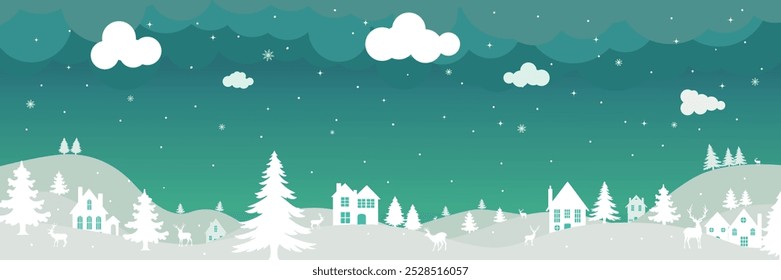 Christmas horizontal banner. Illustration Winter landscape with deer and fir trees in the snow, village in the night sky with stars, and snowfall. Green background.