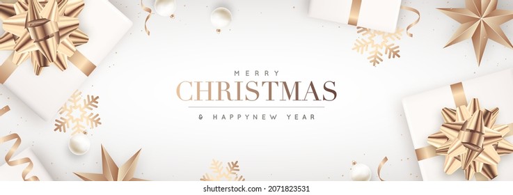 Christmas horizontal banner. New Year design of realistic gold and white gift box, star, balls, snowflakes and confetti. Horizontal Xmas banner, greeting card, headers for website.