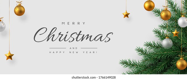 Christmas horizontal banner with realistic golden and white hanging baubles, metal stars and pine branches. White background. New Year vector illustration.