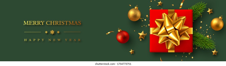 Christmas horizontal banner with realistic red gift box, baubles, pine branches and gold tinsel. New Year vector illustration.