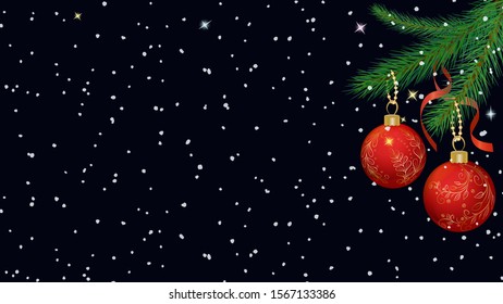 Christmas horizontal banner with red Christmas bows and ribbons on fir branches.