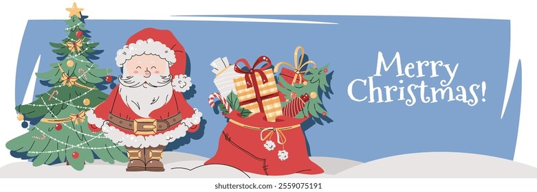 Christmas horizontal banner with Santa Claus, gifts, and a Christmas tree on a blue background in a flat cartoon style. Vector illustration for poster, banner, invitation, etc.