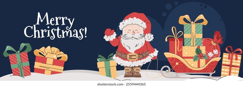 Christmas horizontal banner with Santa Claus, gifts, and sleigh on a blue background in a flat cartoon style. Vector illustration for poster, banner, invitation, etc.