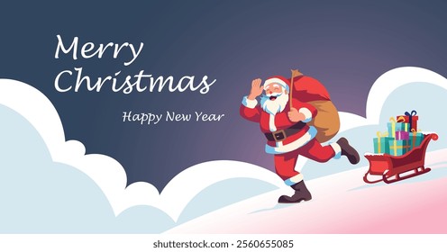 Christmas horizontal banner with Santa Claus, gifts, red sleigh filled with colorful gift boxes, new year banner, Vector illustration for poster