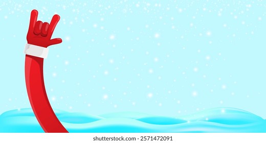 Christmas horizontal banner with Santa Claus rock n roll style and santa red hat isolated on blue snow  background with stars. Merry Christmas hipster Rock n roll party poster, flyer design template.