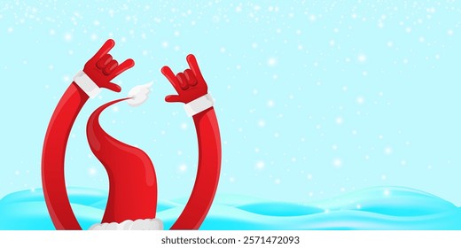 Christmas horizontal banner with Santa Claus rock n roll style and santa red hat isolated on blue snow  background with stars. Merry Christmas hipster Rock n roll party poster, flyer design template.