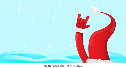 Christmas horizontal banner with Santa Claus rock n roll style and santa red hat isolated on blue snow  background with stars. Merry Christmas hipster Rock n roll party poster, flyer design template.