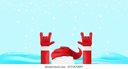 Christmas horizontal banner with Santa Claus rock n roll style and santa red hat isolated on blue snow  background with stars. Merry Christmas hipster Rock n roll party poster, flyer design template.