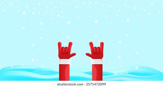 Christmas horizontal banner with Santa Claus rock n roll style and santa red hat isolated on blue snow  background with stars. Merry Christmas hipster Rock n roll party poster, flyer design template.