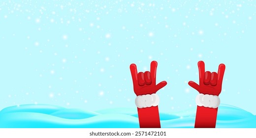 Christmas horizontal banner with Santa Claus rock n roll style and santa red hat isolated on blue snow  background with stars. Merry Christmas hipster Rock n roll party poster, flyer design template.