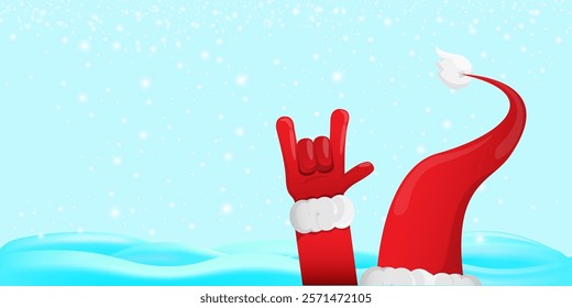 Christmas horizontal banner with Santa Claus rock n roll style and santa red hat isolated on blue snow  background with stars. Merry Christmas hipster Rock n roll party poster, flyer design template.