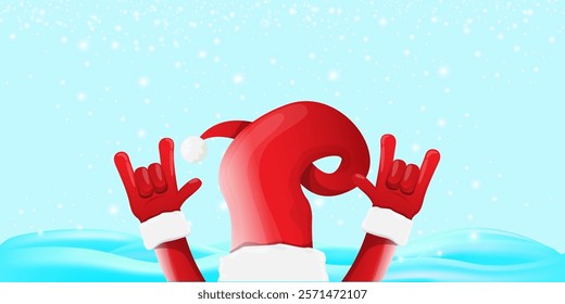 Christmas horizontal banner with Santa Claus rock n roll style and santa red hat isolated on blue snow  background with stars. Merry Christmas hipster Rock n roll party poster, flyer design template.