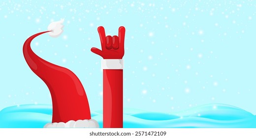 Christmas horizontal banner with Santa Claus rock n roll style and santa red hat isolated on blue snow  background with stars. Merry Christmas hipster Rock n roll party poster, flyer design template.