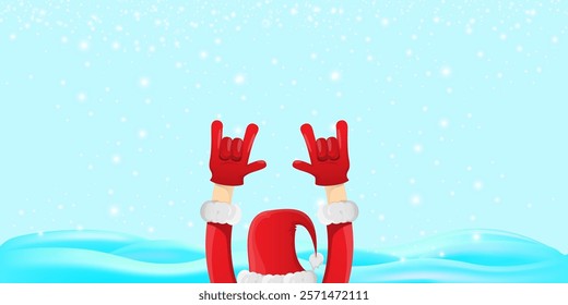 Christmas horizontal banner with Santa Claus rock n roll style and santa red hat isolated on blue snow  background with stars. Merry Christmas hipster Rock n roll party poster, flyer design template.