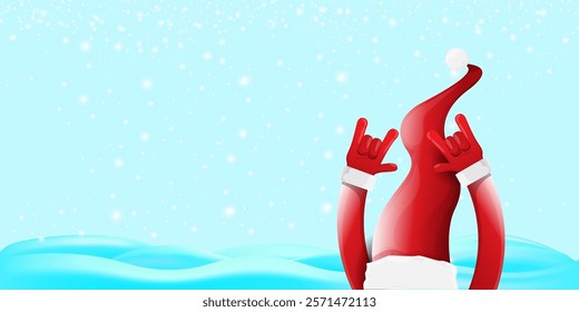 Christmas horizontal banner with Santa Claus rock n roll style and santa red hat isolated on blue snow  background with stars. Merry Christmas hipster Rock n roll party poster, flyer design template.