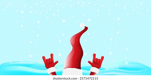 Christmas horizontal banner with Santa Claus rock n roll style and santa red hat isolated on blue snow  background with stars. Merry Christmas hipster Rock n roll party poster, flyer design template.