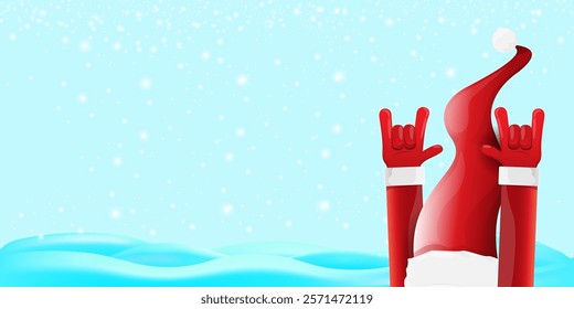 Christmas horizontal banner with Santa Claus rock n roll style and santa red hat isolated on blue snow  background with stars. Merry Christmas hipster Rock n roll party poster, flyer design template.