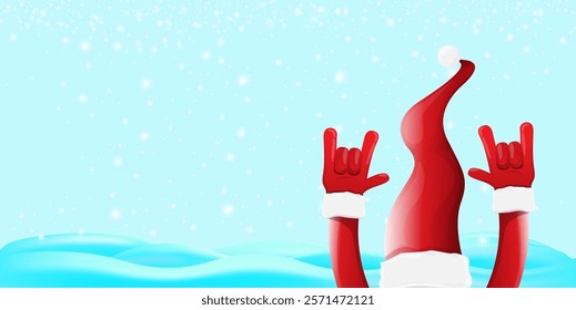 Christmas horizontal banner with Santa Claus rock n roll style and santa red hat isolated on blue snow  background with stars. Merry Christmas hipster Rock n roll party poster, flyer design template.