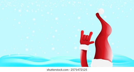 Christmas horizontal banner with Santa Claus rock n roll style and santa red hat isolated on blue snow  background with stars. Merry Christmas hipster Rock n roll party poster, flyer design template.