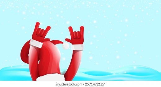 Christmas horizontal banner with Santa Claus rock n roll style and santa red hat isolated on blue snow  background with stars. Merry Christmas hipster Rock n roll party poster, flyer design template.