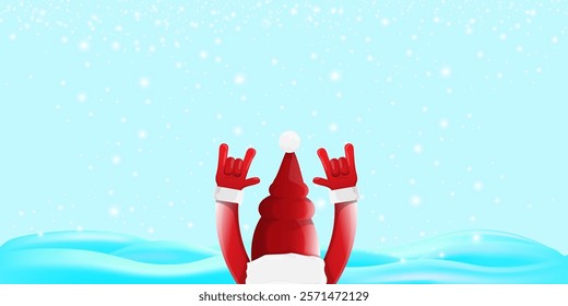 Christmas horizontal banner with Santa Claus rock n roll style and santa red hat isolated on blue snow  background with stars. Merry Christmas hipster Rock n roll party poster, flyer design template.