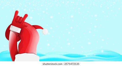 Christmas horizontal banner with Santa Claus rock n roll style and santa red hat isolated on blue snow  background with stars. Merry Christmas hipster Rock n roll party poster, flyer design template.