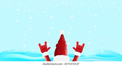 Christmas horizontal banner with Santa Claus rock n roll style and santa red hat isolated on blue snow  background with stars. Merry Christmas hipster Rock n roll party poster, flyer design template.