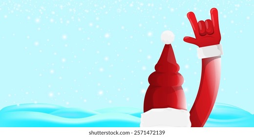 Christmas horizontal banner with Santa Claus rock n roll style and santa red hat isolated on blue snow  background with stars. Merry Christmas hipster Rock n roll party poster, flyer design template.