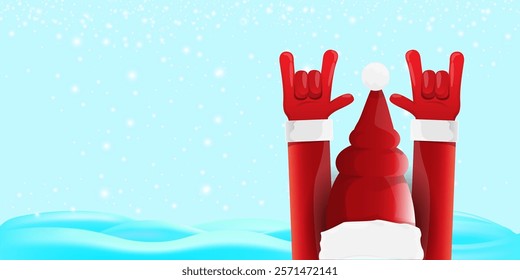 Christmas horizontal banner with Santa Claus rock n roll style and santa red hat isolated on blue snow  background with stars. Merry Christmas hipster Rock n roll party poster, flyer design template.