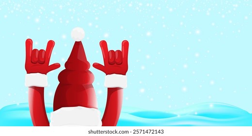 Christmas horizontal banner with Santa Claus rock n roll style and santa red hat isolated on blue snow  background with stars. Merry Christmas hipster Rock n roll party poster, flyer design template.