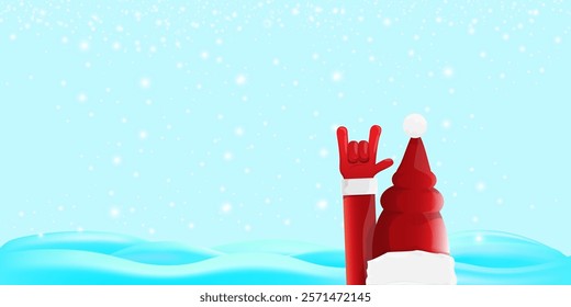 Christmas horizontal banner with Santa Claus rock n roll style and santa red hat isolated on blue snow  background with stars. Merry Christmas hipster Rock n roll party poster, flyer design template.