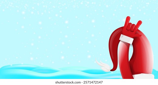 Christmas horizontal banner with Santa Claus rock n roll style and santa red hat isolated on blue snow  background with stars. Merry Christmas hipster Rock n roll party poster, flyer design template.