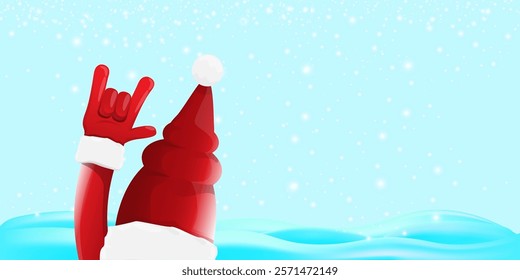 Christmas horizontal banner with Santa Claus rock n roll style and santa red hat isolated on blue snow  background with stars. Merry Christmas hipster Rock n roll party poster, flyer design template.