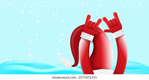 Christmas horizontal banner with Santa Claus rock n roll style and santa red hat isolated on blue snow  background with stars. Merry Christmas hipster Rock n roll party poster, flyer design template.