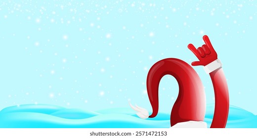 Christmas horizontal banner with Santa Claus rock n roll style and santa red hat isolated on blue snow  background with stars. Merry Christmas hipster Rock n roll party poster, flyer design template.