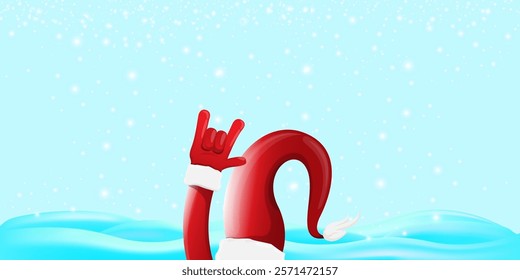 Christmas horizontal banner with Santa Claus rock n roll style and santa red hat isolated on blue snow  background with stars. Merry Christmas hipster Rock n roll party poster, flyer design template.