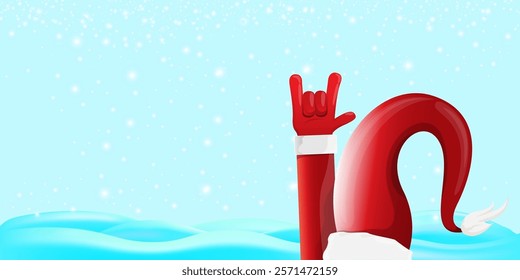 Christmas horizontal banner with Santa Claus rock n roll style and santa red hat isolated on blue snow  background with stars. Merry Christmas hipster Rock n roll party poster, flyer design template.