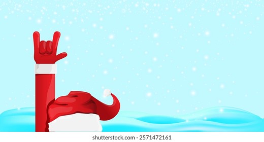 Christmas horizontal banner with Santa Claus rock n roll style and santa red hat isolated on blue snow  background with stars. Merry Christmas hipster Rock n roll party poster, flyer design template.