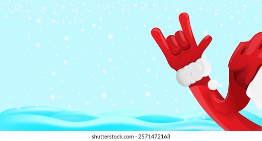 Christmas horizontal banner with Santa Claus rock n roll style and santa red hat isolated on blue snow  background with stars. Merry Christmas hipster Rock n roll party poster, flyer design template.