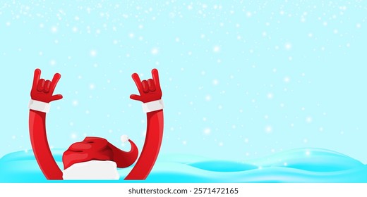 Christmas horizontal banner with Santa Claus rock n roll style and santa red hat isolated on blue snow  background with stars. Merry Christmas hipster Rock n roll party poster, flyer design template.